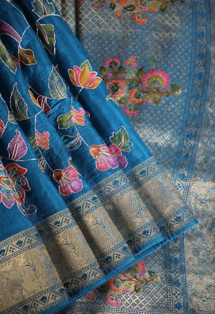 Aegean Blue Banaras Sarees with Gold Zari Floral Patterns