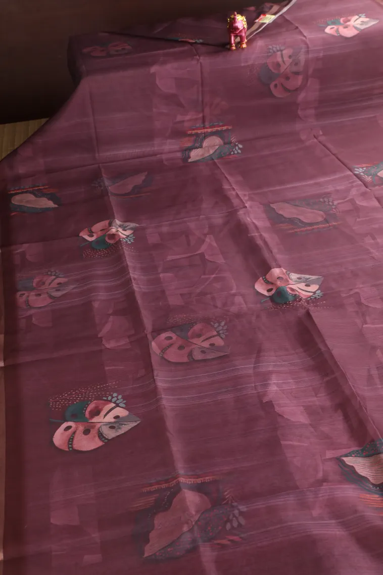 Magenta Purple Semi Tussar Silk Without Zari With Leaf Pattern view 2