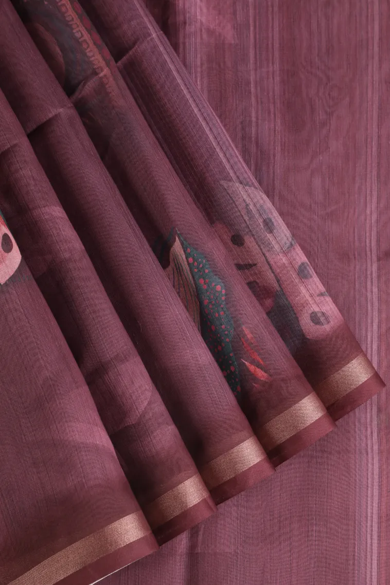 Magenta Purple Semi Tussar Silk Without Zari With Leaf Pattern