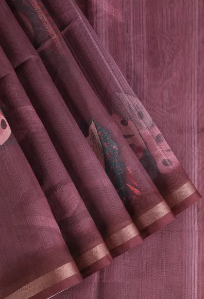 Magenta Purple Semi Tussar Silk Without Zari With Leaf Pattern