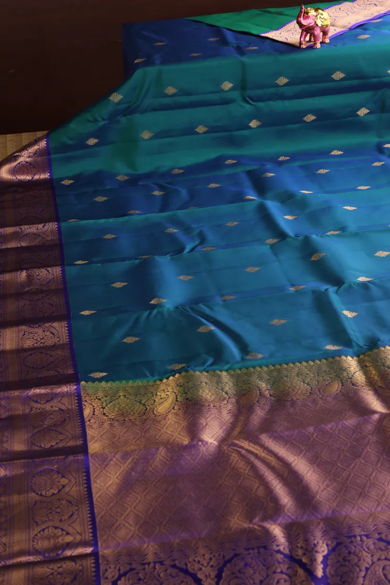 Ocean Blue Soft Silk Saree with Gold Zari Buttis (small Dots Or Motifs) view 2
