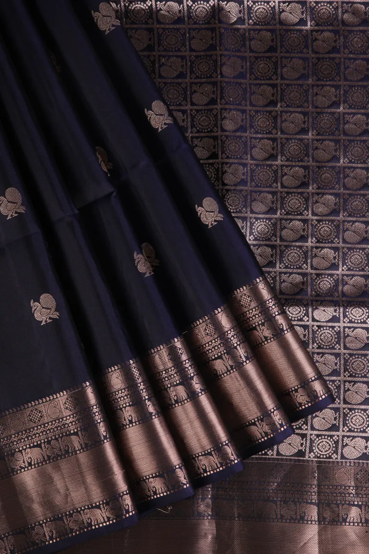 Denim Blue Soft Silk Saree with Copper Zari Peacock Motifs