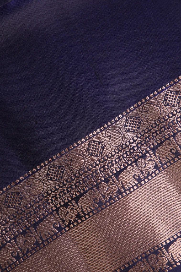 Denim Blue Soft Silk Saree with Copper Zari Peacock Motifs view 3