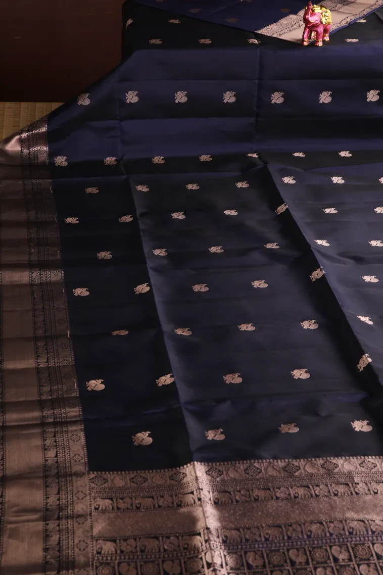 Denim Blue Soft Silk Saree with Copper Zari Peacock Motifs view 2