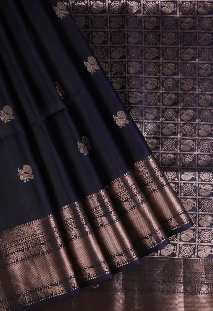 Denim Blue Soft Silk Saree with Copper Zari Peacock Motifs