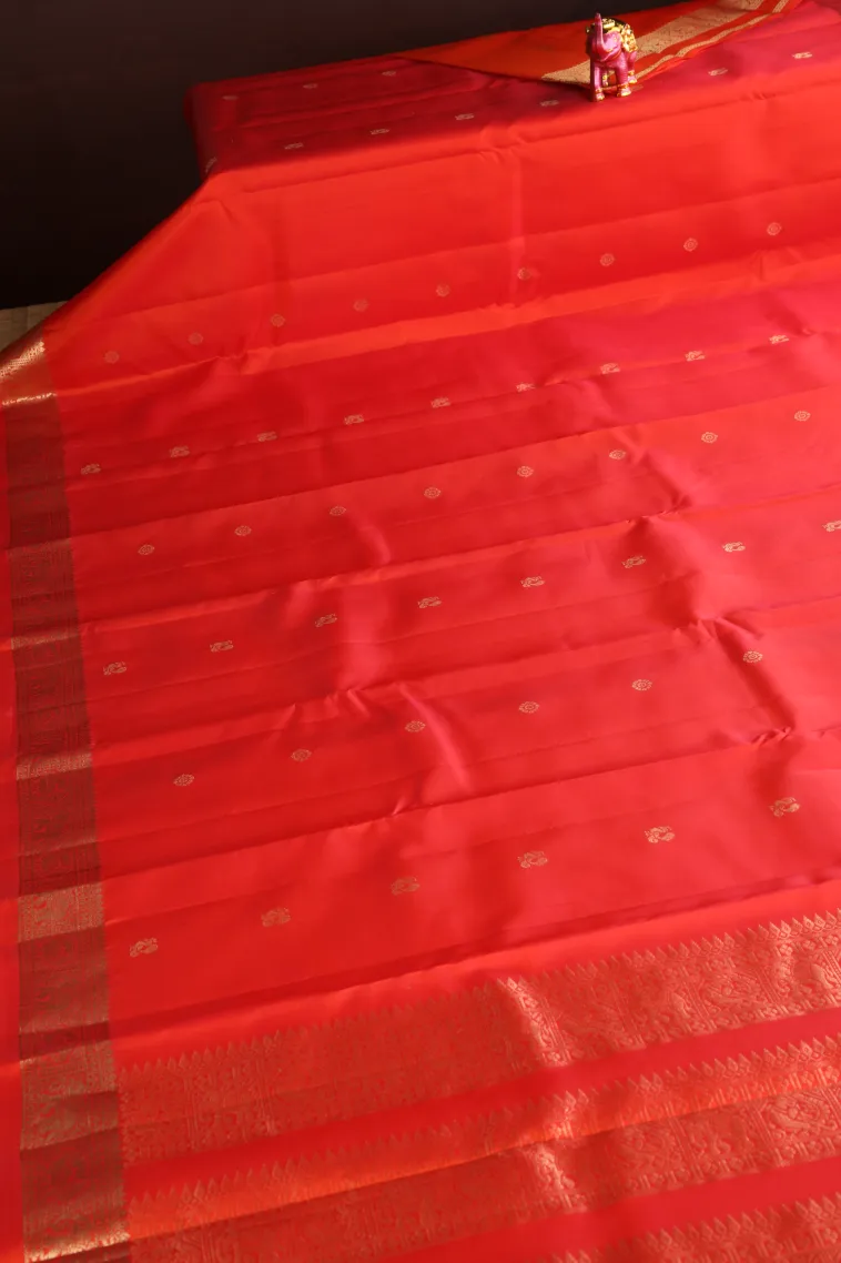 Rose Red Soft Silk Saree with Gold Zari Peacock Motifs view 2