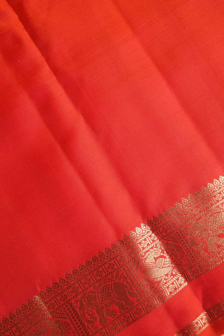 Rose Red Soft Silk Saree with Gold Zari Peacock Motifs view 3