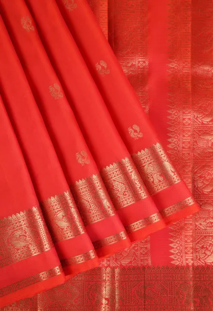 Rose Red Soft Silk Saree with Gold Zari Peacock Motifs