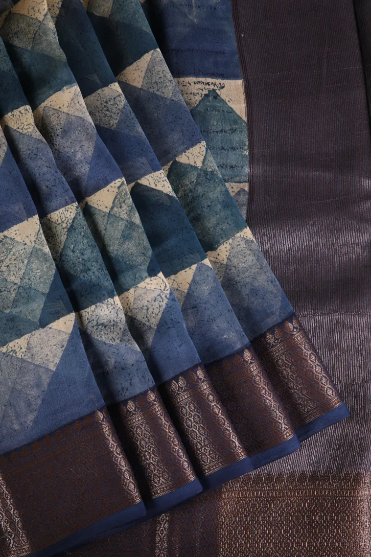 Azure Blue Chanderi Cotton Sarees with Copper Zari Geometric Shapes