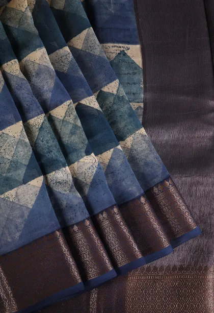 Azure Blue Chanderi Cotton Sarees with Copper Zari Geometric Shapes