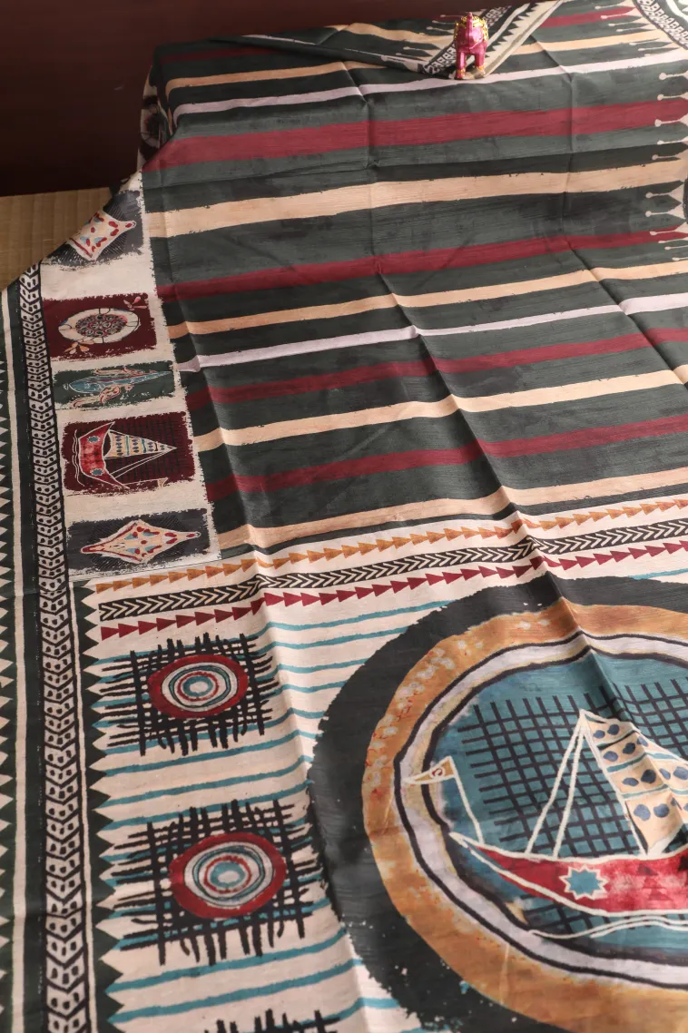 Bottle Green Semi Tussar Silk Without Zari With Stripes view 2