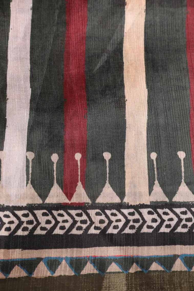 Bottle Green Semi Tussar Silk Without Zari With Stripes view 3
