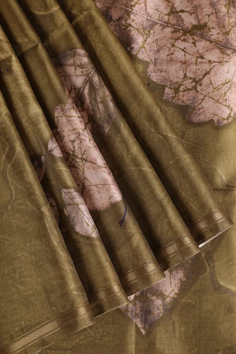 Olive Green Semi Tussar Silk Without Zari With Leaf Pattern