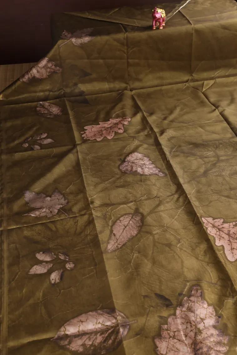 Olive Green Semi Tussar Silk Without Zari With Leaf Pattern view 2