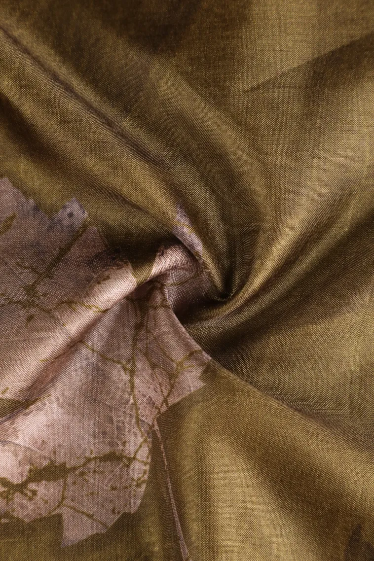 Olive Green Semi Tussar Silk Without Zari With Leaf Pattern view 4