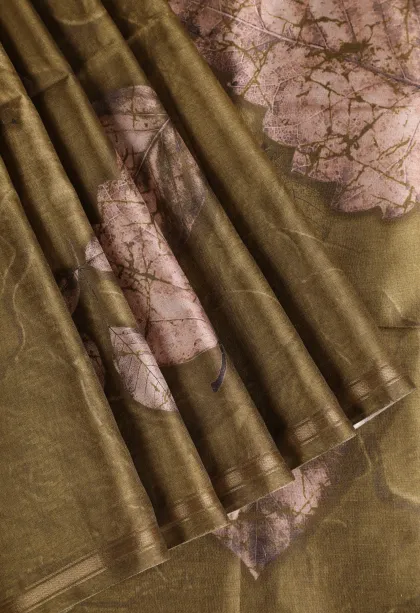 Olive Green Semi Tussar Silk Without Zari With Leaf Pattern