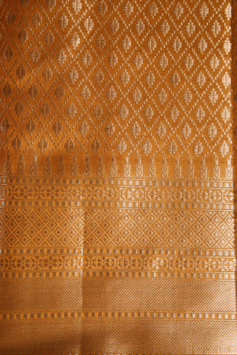 Gold Semi Tussar Silk with Antic Zari Flower Mottif view 3