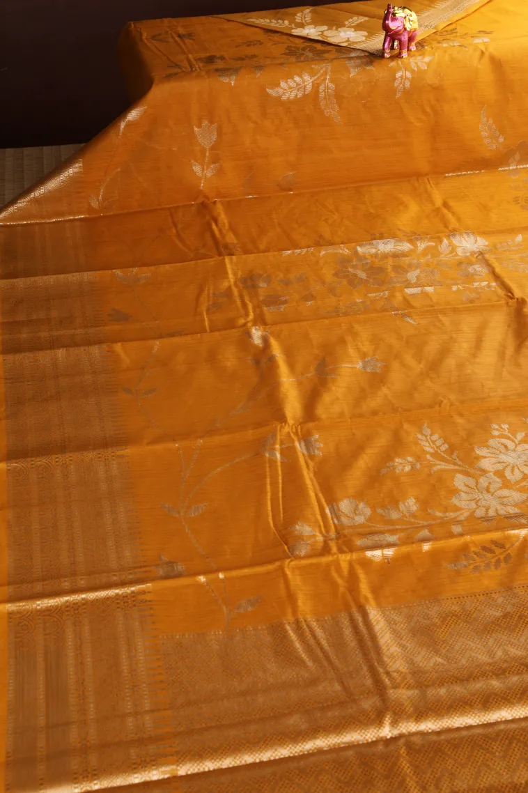 Gold Semi Tussar Silk with Antic Zari Flower Mottif view 2