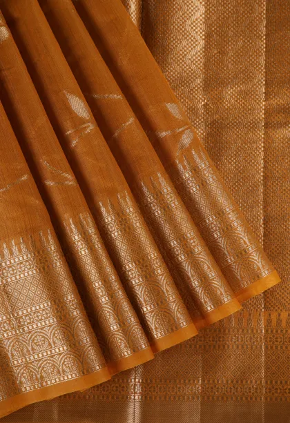 Gold Semi Tussar Silk with Antic Zari Flower Mottif