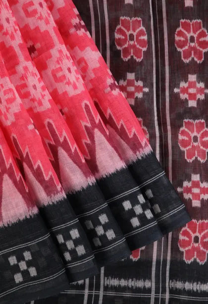 Strawberry Pink Linen Saree Without Zari With Geometric Shapes