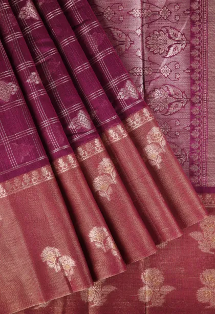 Magenta Purple Raw Silk Sarees with Thread Zari Checks And Puttas
