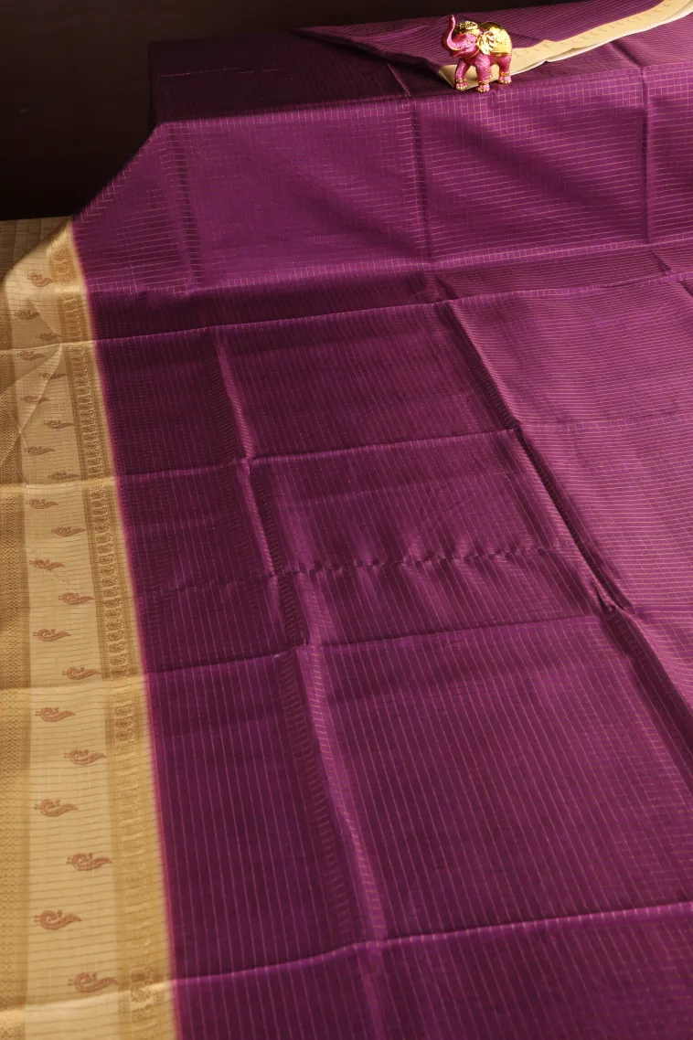 Magenta Purple Semi Tussar Silk with Gold Zari Small Checks Pattern view 2