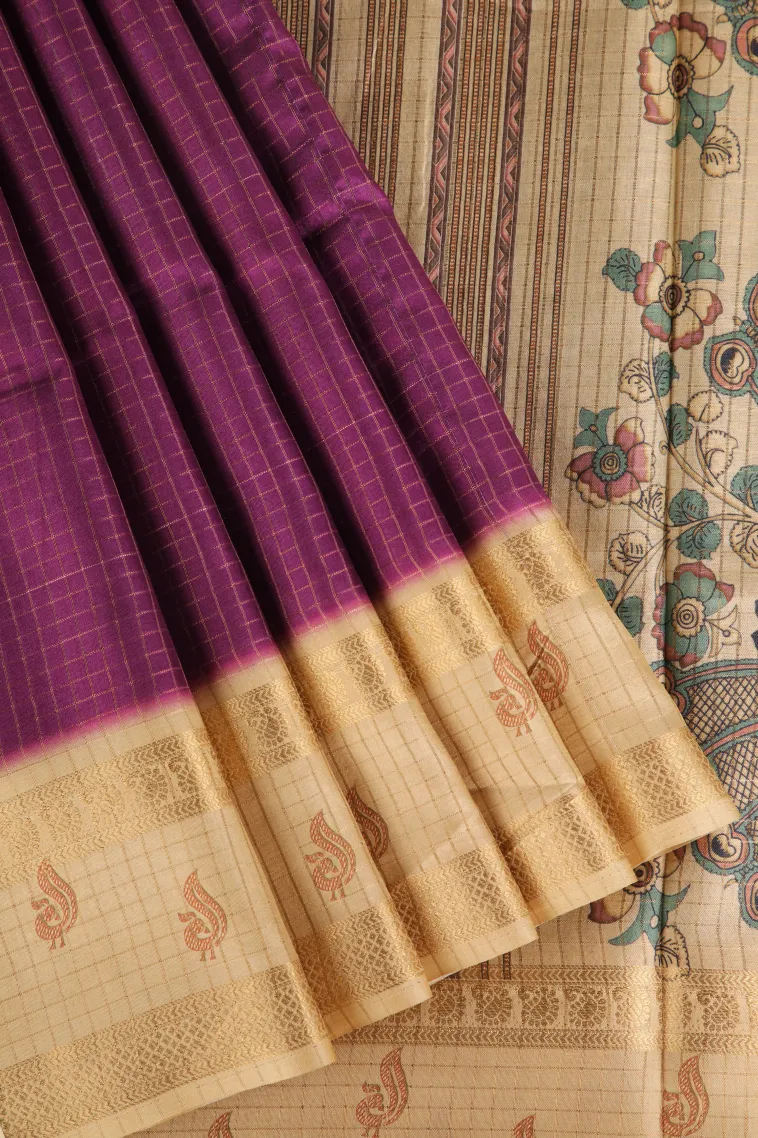 Magenta Purple Semi Tussar Silk with Gold Zari Small Checks Pattern