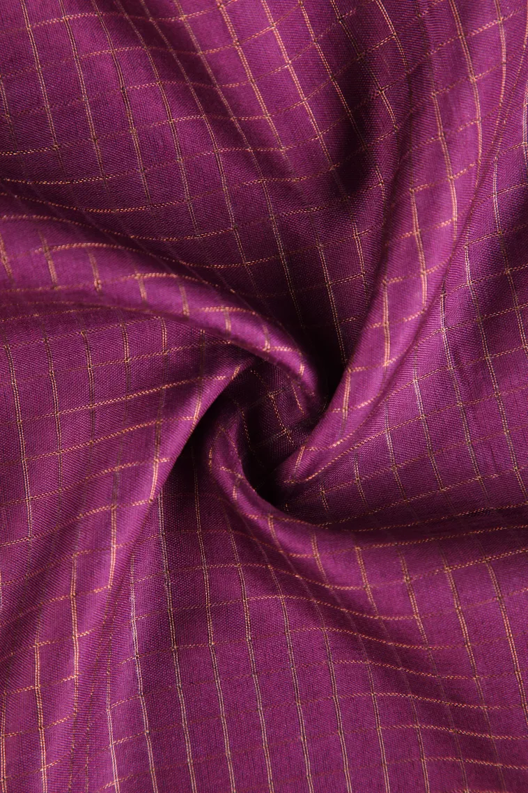 Magenta Purple Semi Tussar Silk with Gold Zari Small Checks Pattern view 4