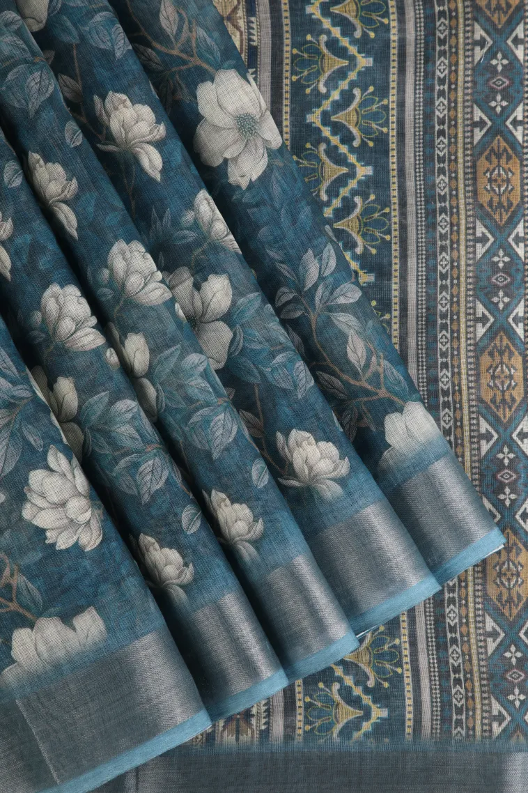 Aegean Blue Linen Saree with Silver Zari Floral Patterns