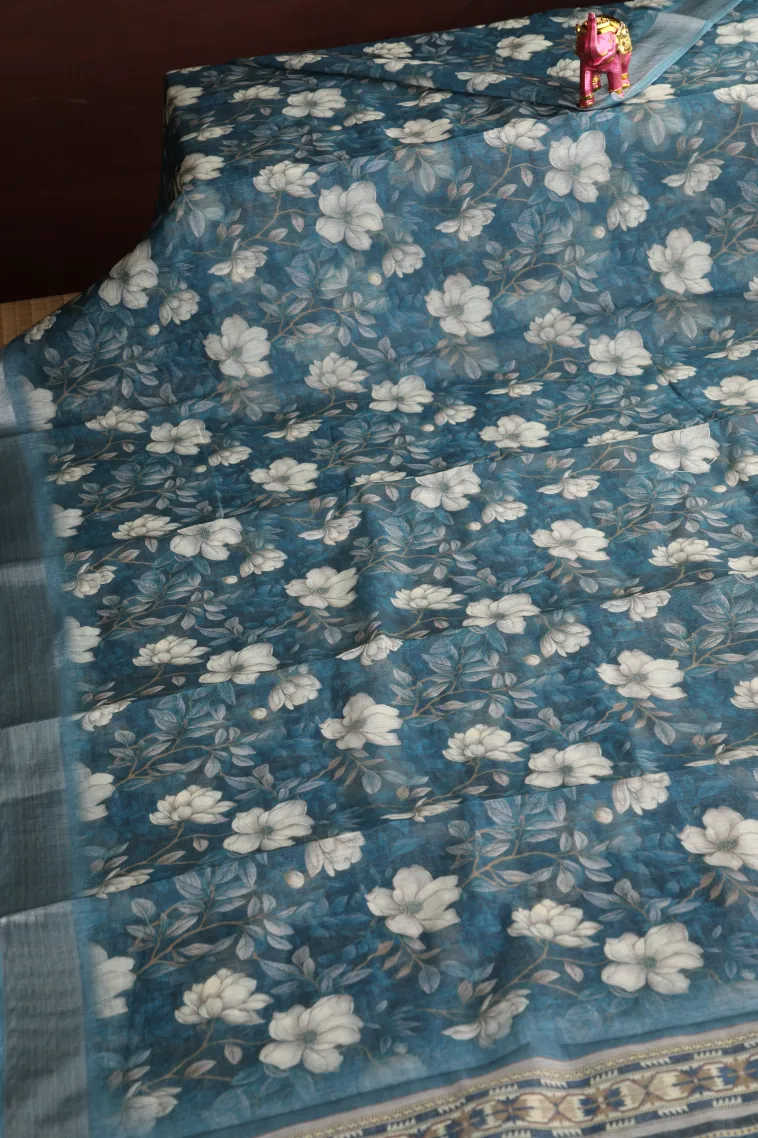 Aegean Blue Linen Saree with Silver Zari Floral Patterns view 2