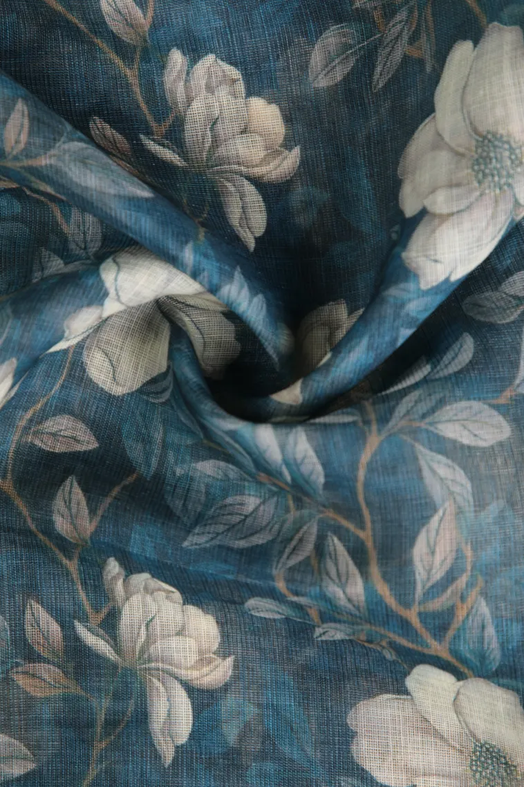 Aegean Blue Linen Saree with Silver Zari Floral Patterns view 4