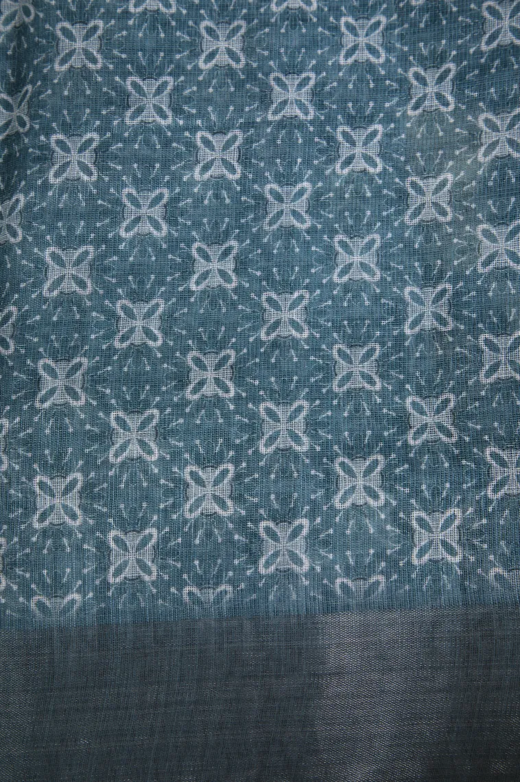 Aegean Blue Linen Saree with Silver Zari Floral Patterns view 3