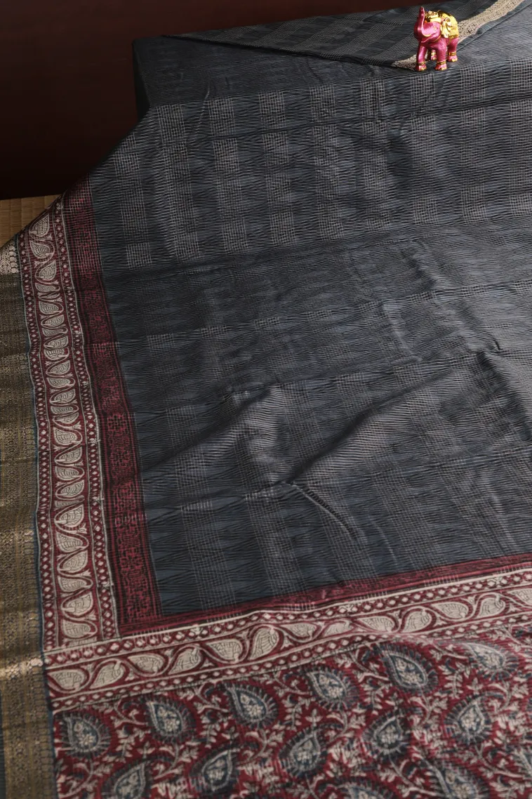 Spruce Blue Chanderi Cotton Sarees with Gold Zari Geometric Shapes view 2