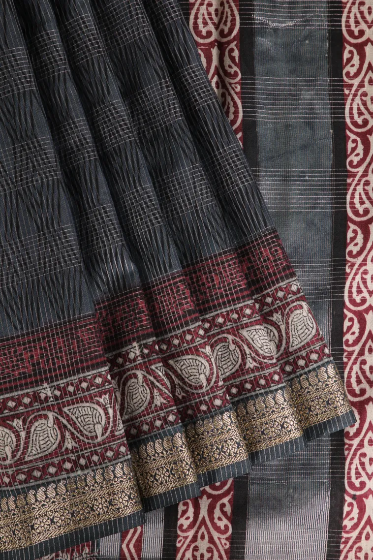 Spruce Blue Chanderi Cotton Sarees with Gold Zari Geometric Shapes