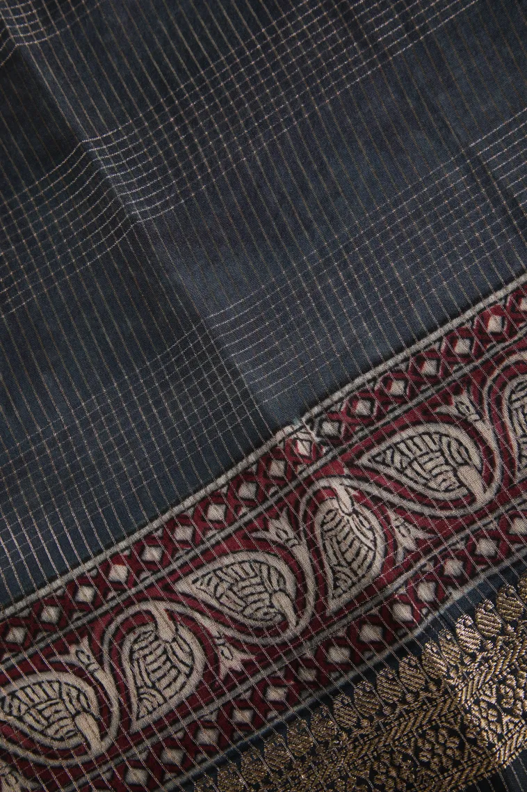 Spruce Blue Chanderi Cotton Sarees with Gold Zari Geometric Shapes view 3