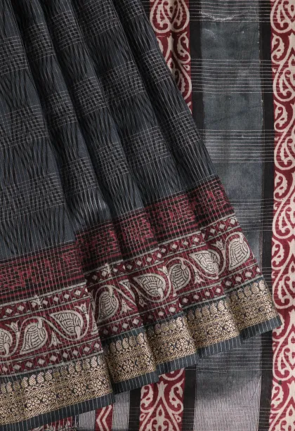 Spruce Blue Chanderi Cotton Sarees with Gold Zari Geometric Shapes