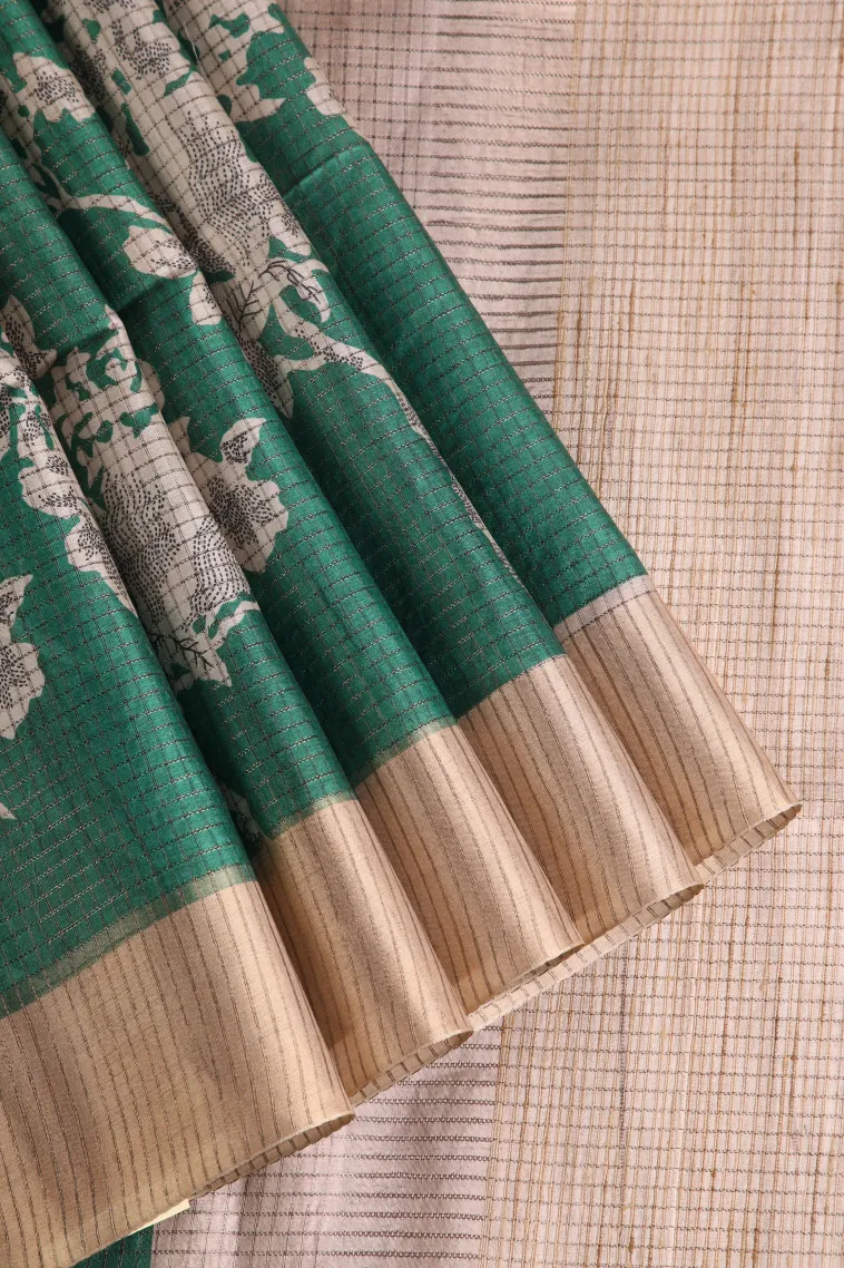 Bottle Green Jute Sarees with Gold Zari Floral Patterns
