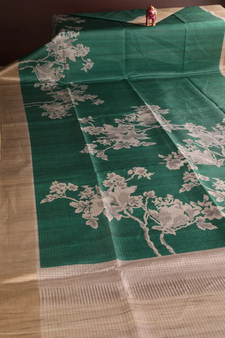 Bottle Green Jute Sarees with Gold Zari Floral Patterns view 2