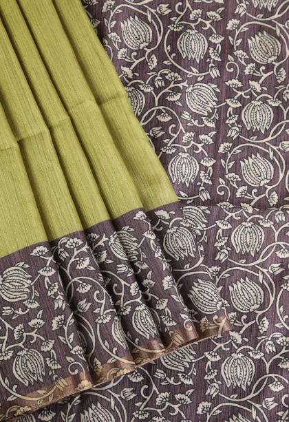 Olive Green Fancy Saree with Thread Zari Plain With Border