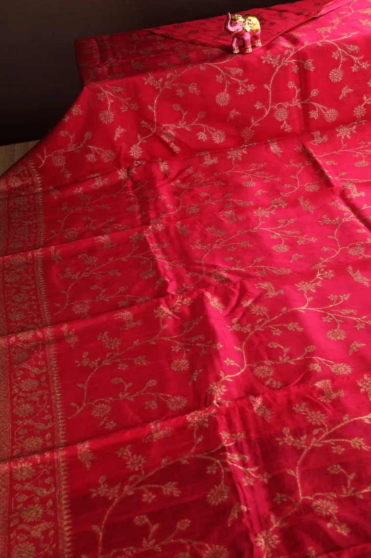 Punch Pink Banaras Sarees with Copper Zari Floral Patterns view 2