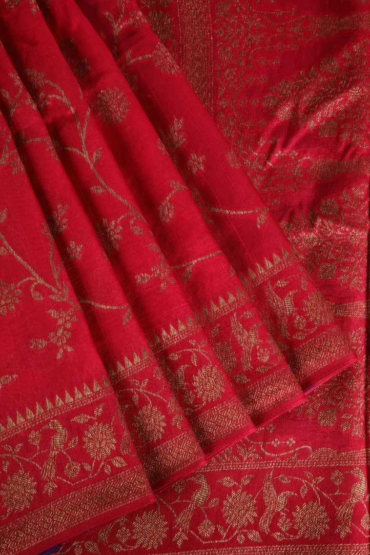 Punch Pink Banaras Sarees with Copper Zari Floral Patterns