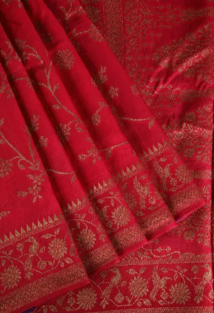 Punch Pink Banaras Sarees with Copper Zari Floral Patterns