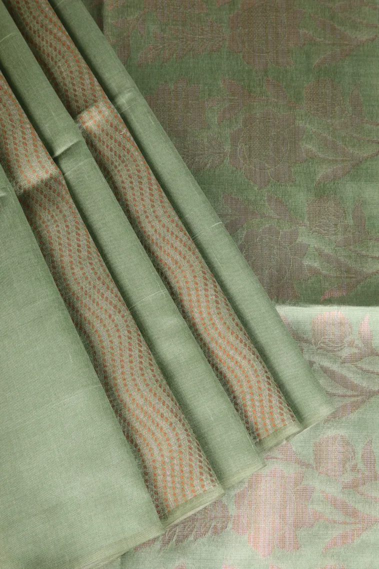 Pistachio Green Tussar Saree with Antic Zari Kodi Pattern view 1
