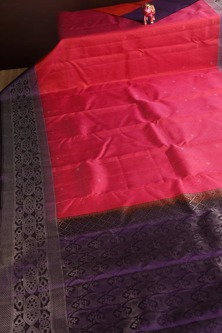 Punch Pink Soft Silk Saree with Silver Zari Straipes And Puttas view 2
