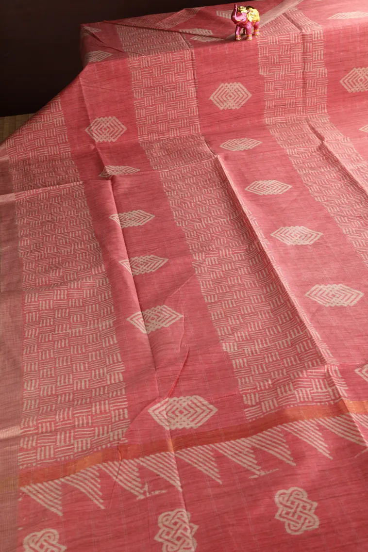 Peach Pink Semi Tussar Silk with Gold And Silver Zari Geometric Shapes view 2