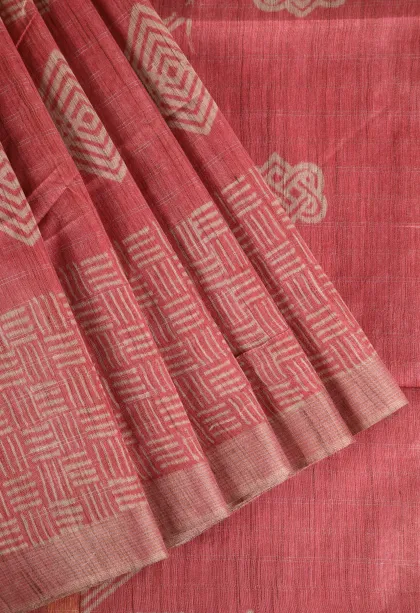 Peach Pink Semi Tussar Silk with Gold And Silver Zari Geometric Shapes