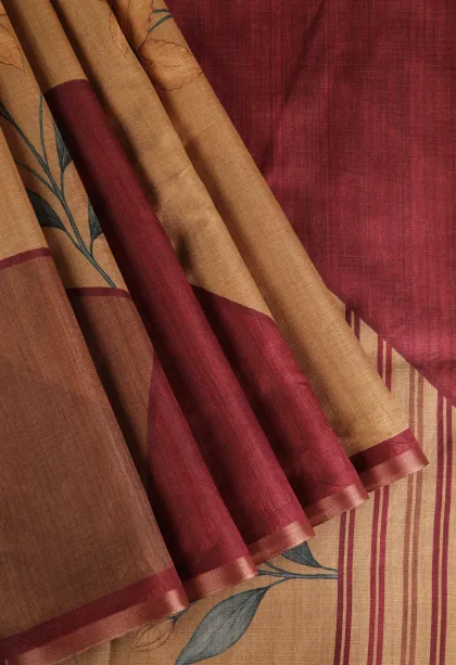 Gold Semi Raw Silk Printed Without Zari With Geometric Shapes