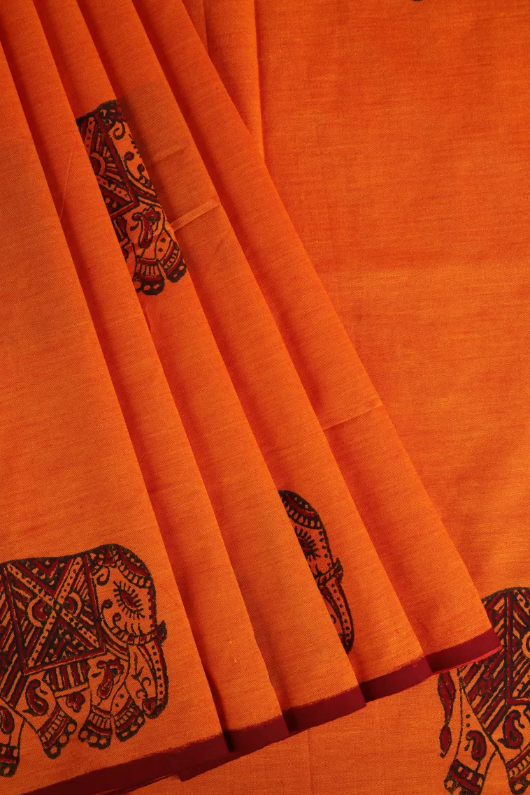 Fire Orange Poly Cotton Sarees Without Zari With Animal Mottif view 1