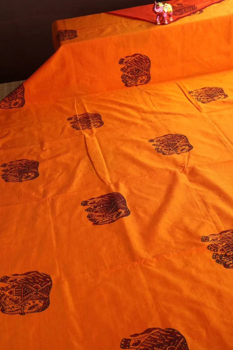 Fire Orange Poly Cotton Sarees Without Zari With Animal Mottif view 2