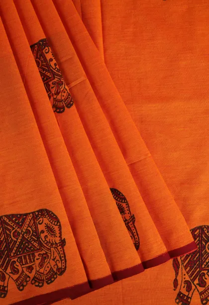 Fire Orange Poly Cotton Sarees Without Zari With Animal Mottif